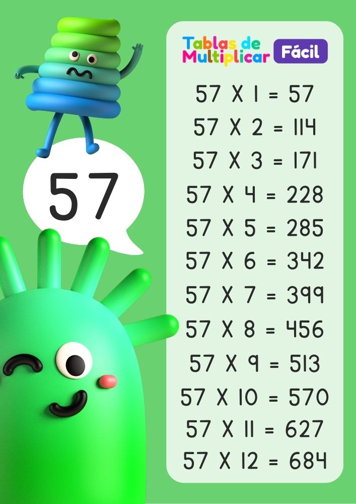 Tabla del 57 para niños, descargar PDF para imprimir